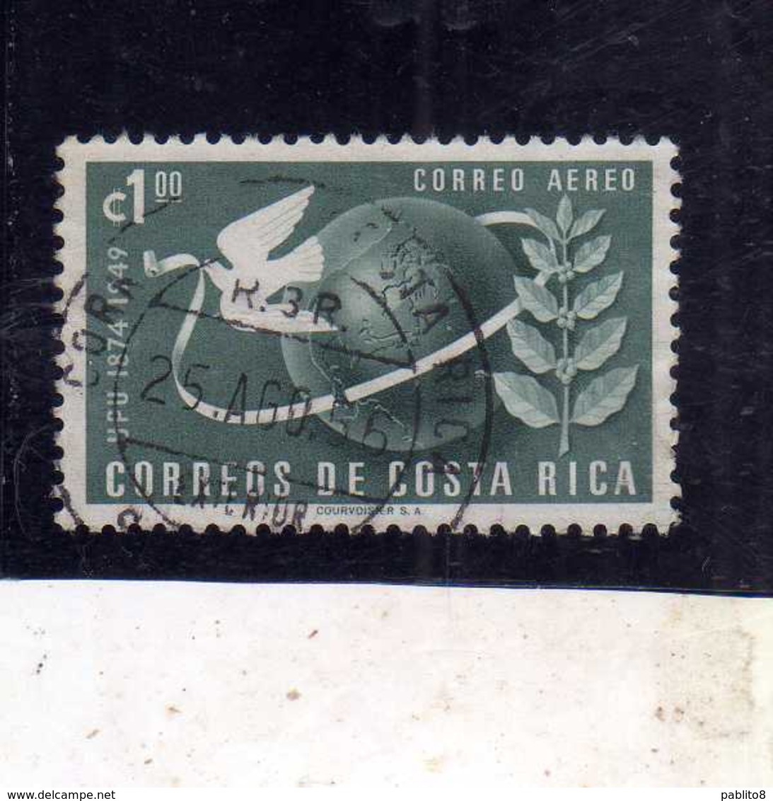 COSTA RICA 1950 AIR MAIL POSTA AEREA AEREO UPU COLONES 1col USATO USED OBLITERE' - Costa Rica