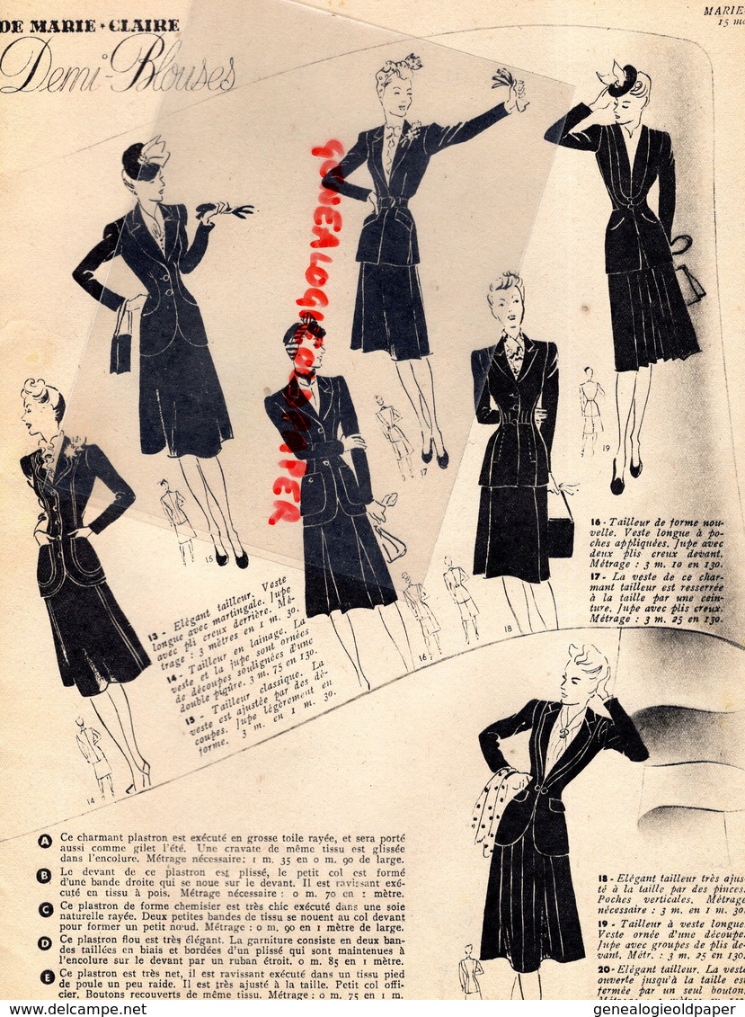 MARIE CLAIRE- REVUE MODE N° 190- 15 MARS 1941- GUERRE 1939-1945- HOLLYWOOD MAIGRIR-BLOUSE-CHAPEAU VOILETTE-ROBE PARIS- - Fashion