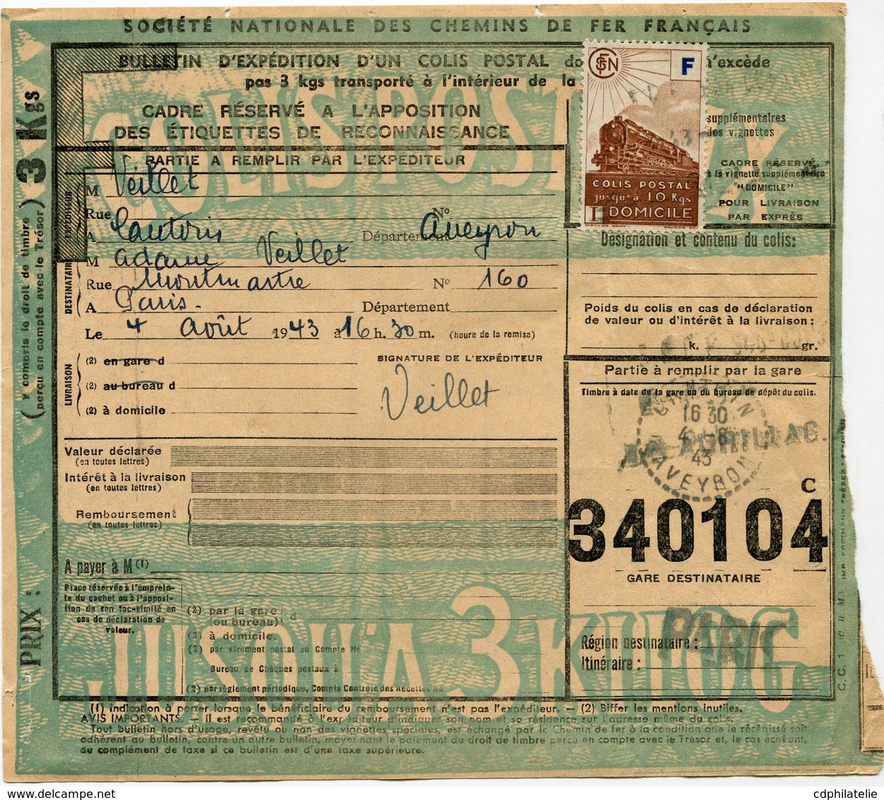 FRANCE BULLETIN D'EXPEDITION D'UN COLIS POSTAL AVEC OBLITERATION CANTOIN 4-8-43 AVEYRON - Covers & Documents