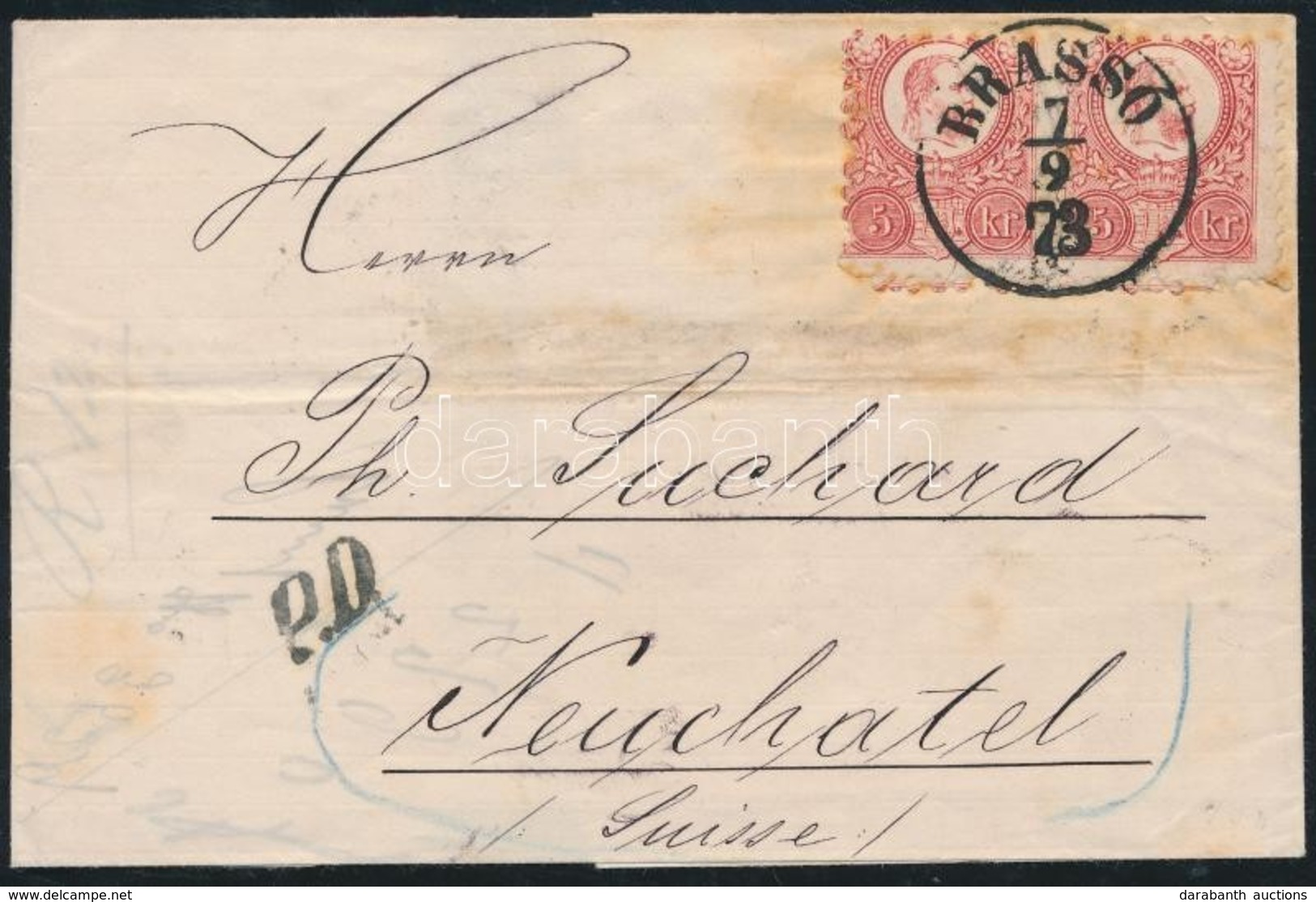 1873 Réznyomat 5kr Pár Levélen Svájcba / Mi 10 Pair On Cover To Switzerland 'BRASSÓ' - 'WIEN' - 'NEUCHATEL' - Sonstige & Ohne Zuordnung