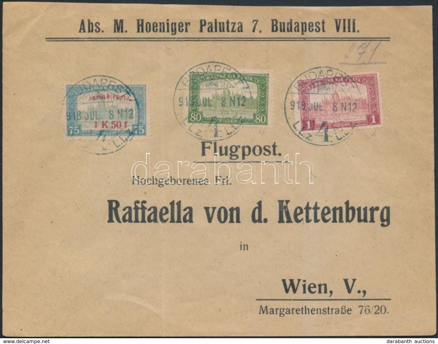 1918. Jul. 8. Légi Levél Bécsbe 1K50f Repül? Posta Bélyeggel és 1.80K Kiegészít? Bérmentesítéssel / Mi 210 With Addition - Sonstige & Ohne Zuordnung