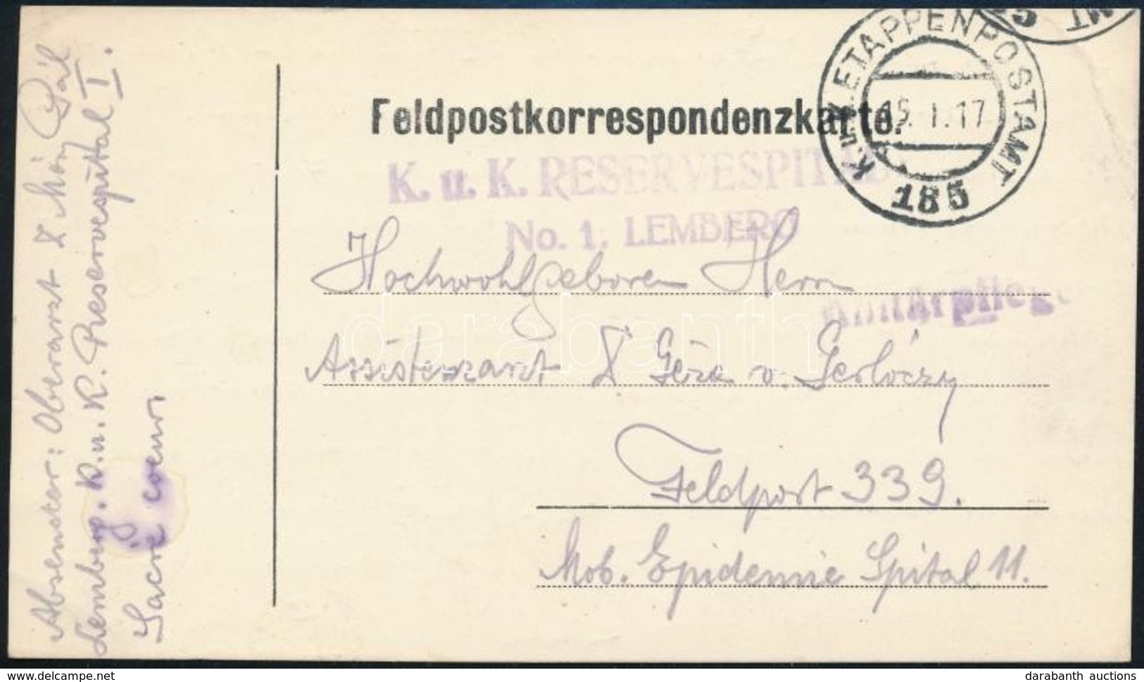 1917 Tábori Posta Levelez?lap / Field Postcard 'K.u.k RESERVESPITAL No.1. LEMBERG' + 'EP 185' - Sonstige & Ohne Zuordnung