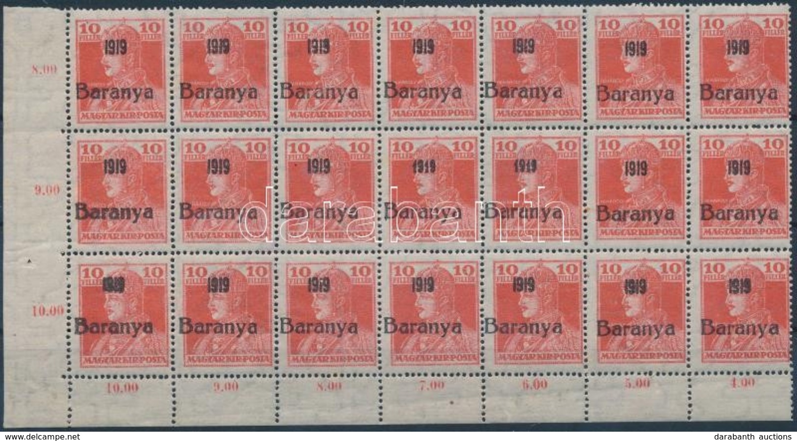 ** Baranya I 1919 Károly 10f ívsarki 21-es Tömb, Benne 2 Db Antikva / Block Of 21 With 2 Antigua Numbers, Signed Bodor - Autres & Non Classés