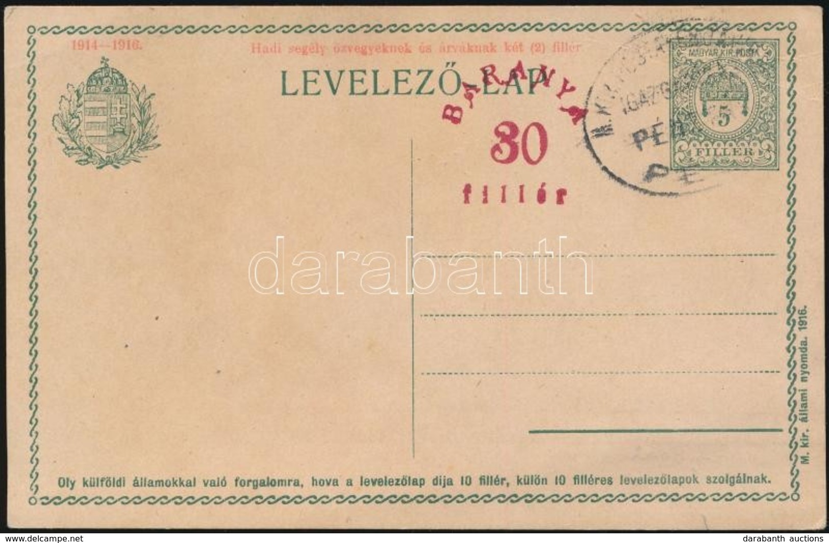Baranya 1919 30f/5f Díjjegyes Levelez?lap - Autres & Non Classés