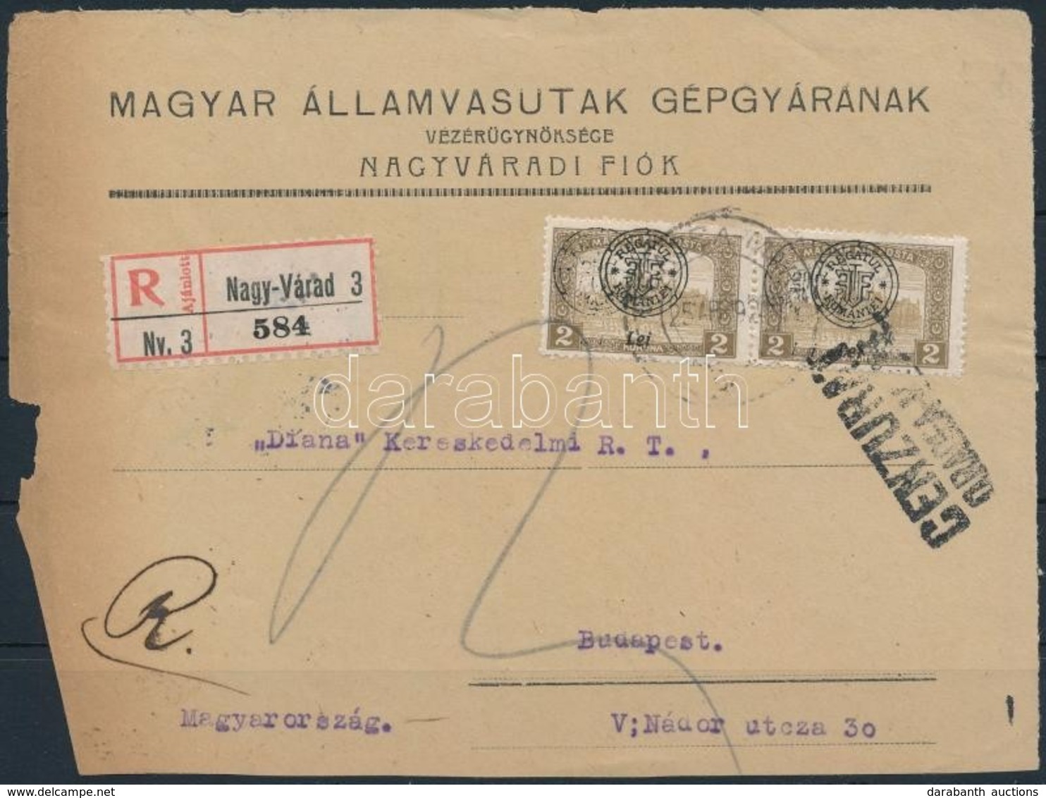 1919 Ajánlott Levél El?lap Nagyvárad Bélyegekkel Budapestre, Bodor Vizsgálójellel - Sonstige & Ohne Zuordnung