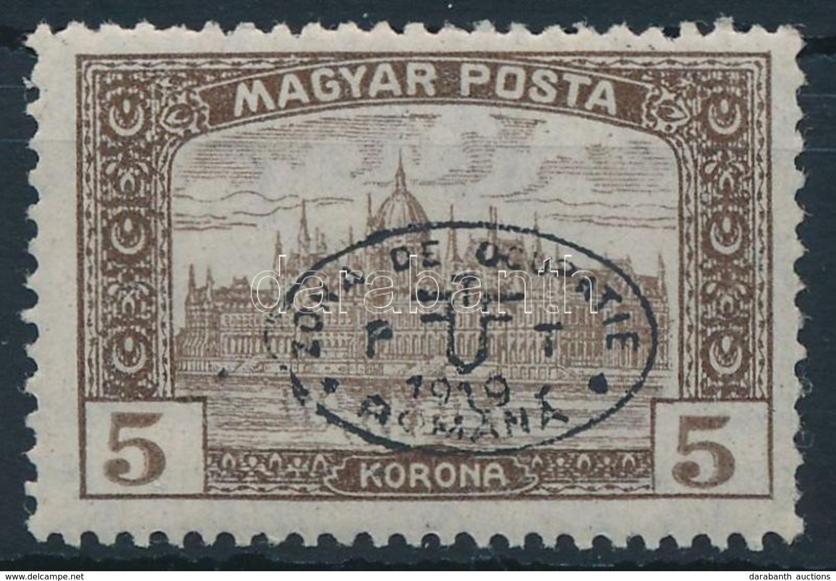 ** Debrecen I. 1919 Magyar Posta 5K Fekete Felülnyomással, Garancia Nélkül (kék Felülnyomás **350.000) - Sonstige & Ohne Zuordnung