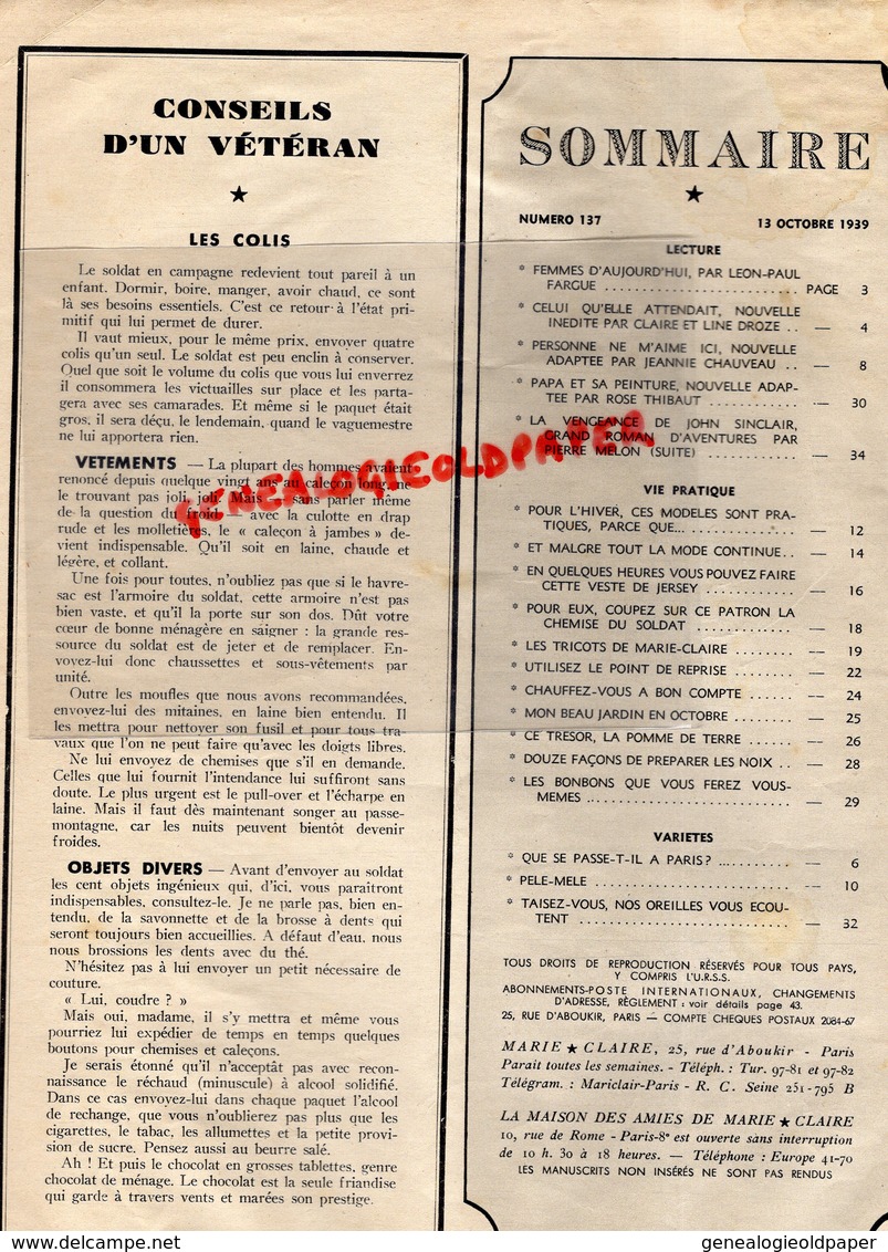 MARIE CLAIRE- REVUE MODE N° 137- 13 OCTOBRE 1939-GUERRE 1939-1945- PARIS-ROBE MANTEAU-COIFFURE CHAPEAU- - Mode