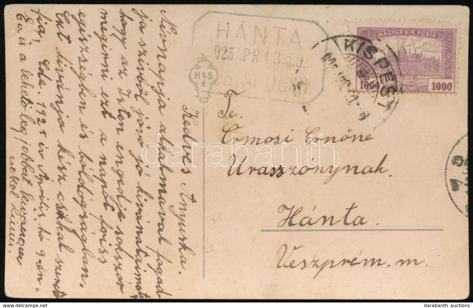 1925 Képeslap ,,HÁNTA' Postaügynökségi Bélyegz?vel - Sonstige & Ohne Zuordnung