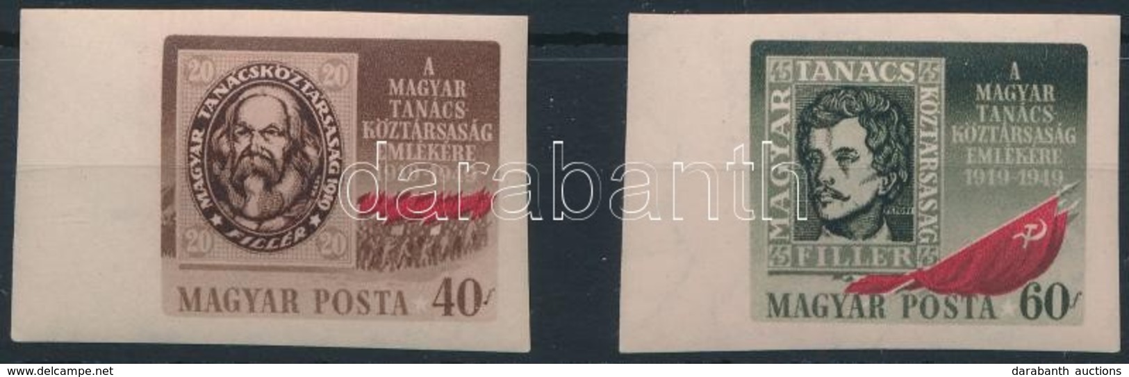 ** 1949 Magyar Tanácsköztársaság ívszéli Vágott Sor (10.000) / Mi 1037-1038 Imperforate Margin Set - Sonstige & Ohne Zuordnung