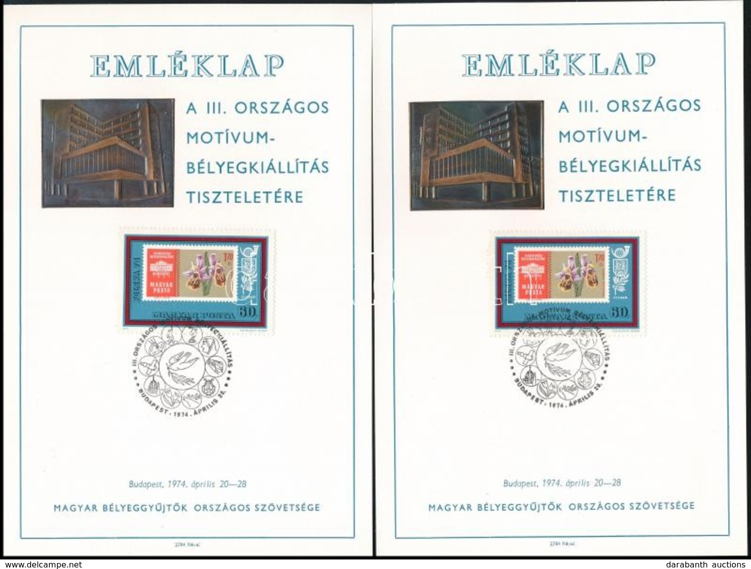 1974 2 Db MABÉOSZ Emléklap A III. Országos Magyar Motívum-bélyegkiállítás Tiszteletére - Altri & Non Classificati