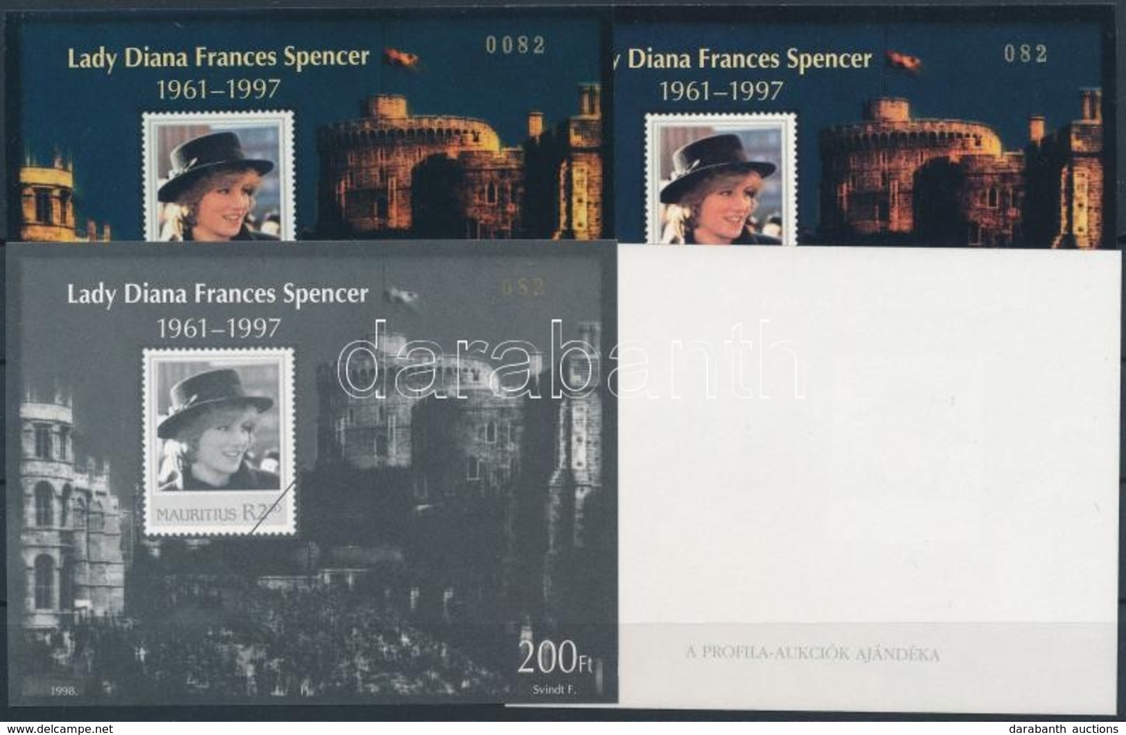 ** 1997/18 Lady Diana Frances Spencer 4 Db-os Emlékív Garnitúra Azonos Sorszámmal (30.000) Az Enyvezett Példányon Betapa - Sonstige & Ohne Zuordnung