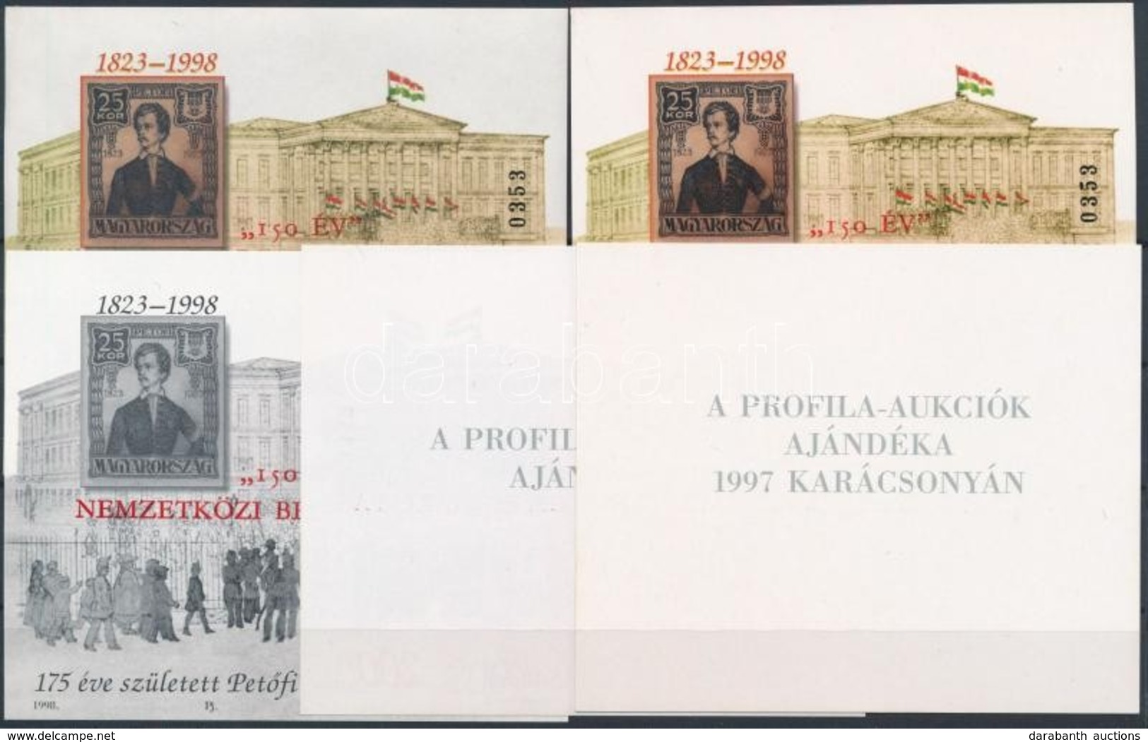 ** 1998/3 150 év Nemzetközi Bélyegkiállítás 4 Db-os Emlékív Garnitúra Piros Felülnyomattal Azonos Sorszámmal (65.000) - Sonstige & Ohne Zuordnung