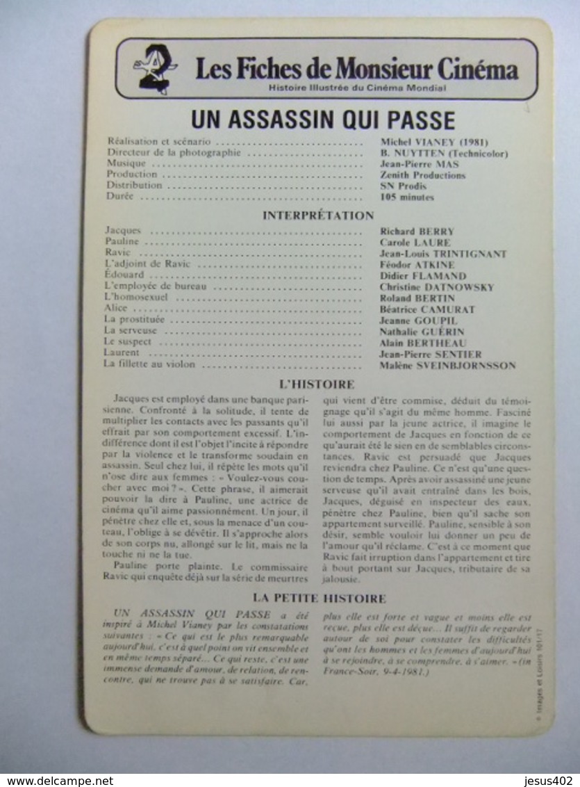 LES FICHES DE MONSIEUR CINEMA - 1981 - UN ASSASSIN QUI PASSE Policier - Publicidad