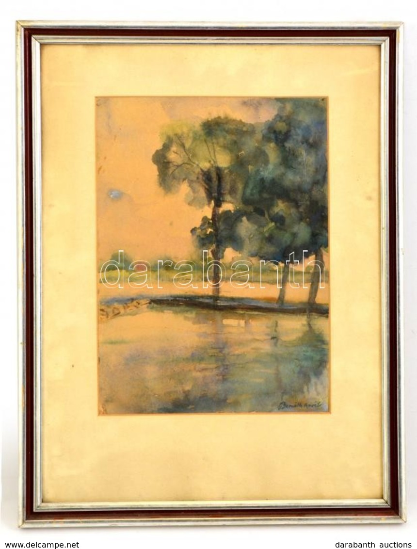 Bernáth Jelzéssel: Vízparti Fák. Akvarell, Papír, üvegezett Keretben, 29×21 Cm - Sonstige & Ohne Zuordnung
