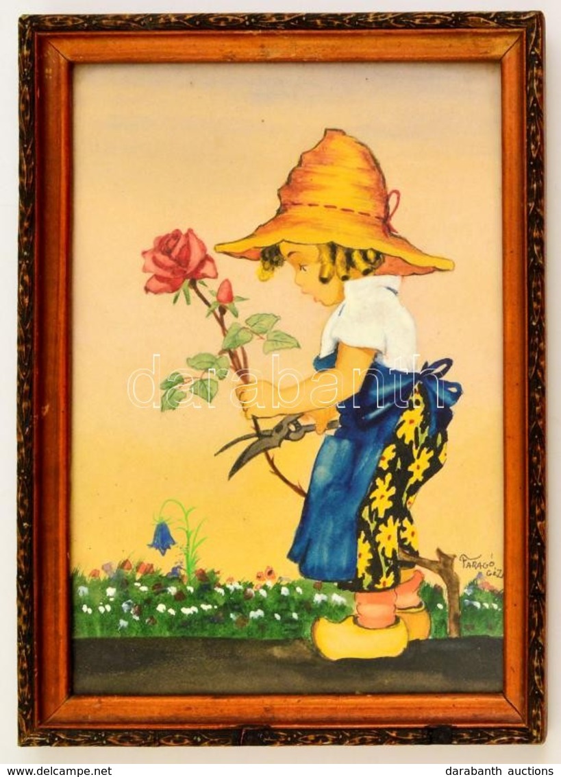 Faragó Jelzéssel: Kisfiú és Rózsa. Akvarell, Papír, üvegezett Keretben, 28×20 Cm - Sonstige & Ohne Zuordnung