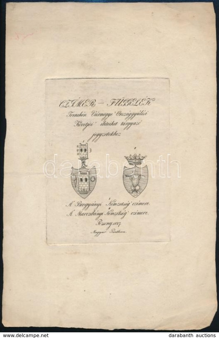 1827 A Brogyányi és A Marczibányi Nemzetség Címere, Rézmetszet, Papír, Függelék A Magyar Pantheonhoz, 14,5×10,5 Cm - Stiche & Gravuren