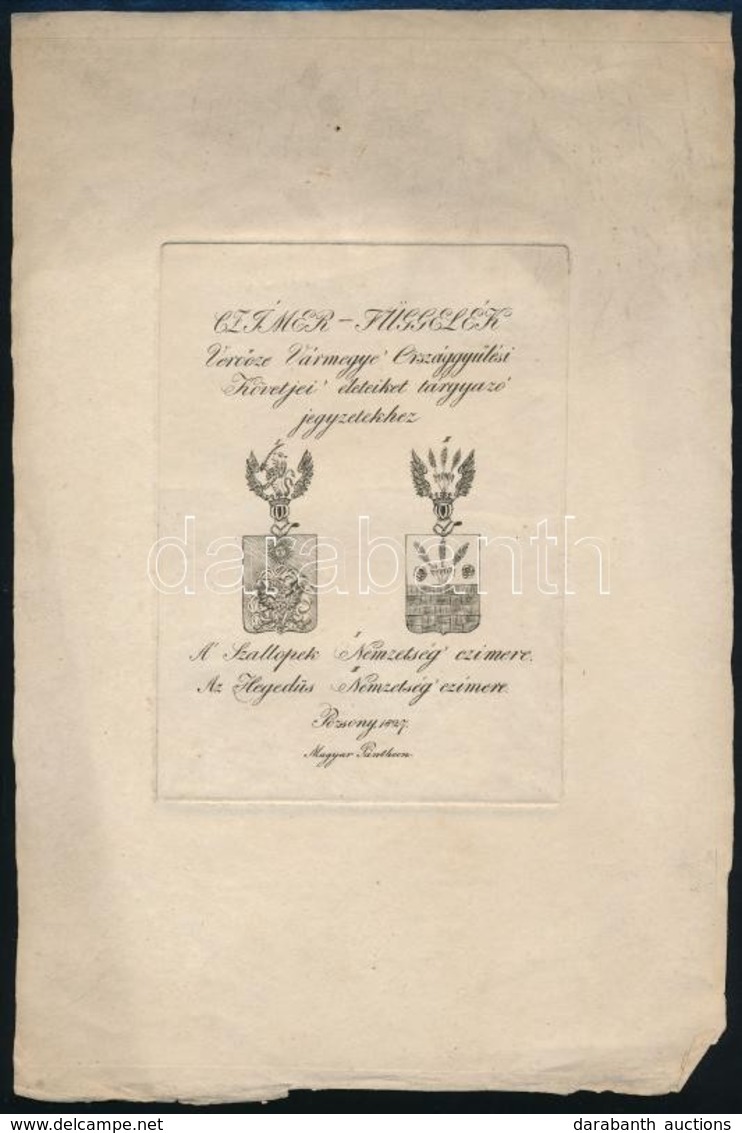 1827 A Szallopek és A Heged?s Nemzetség Címere, Rézmetszet, Papír, Függelék A Magyar Pantheonhoz, 14,5×10,5 Cm - Stiche & Gravuren