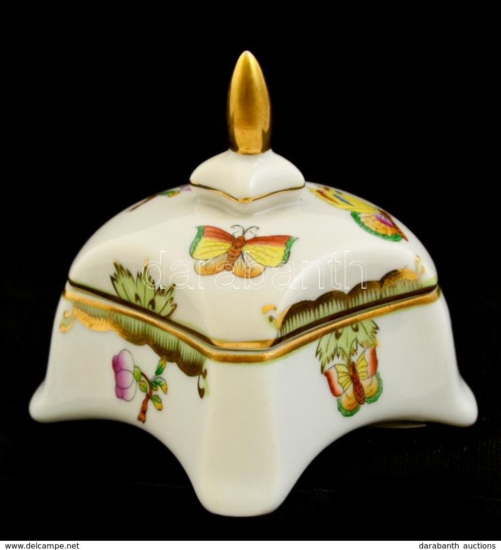 Herendi Viktória Mintás Porcelán Bonbonier, Kézzel Festett, Jelzett, Kis Kopásnyomokkal, 8x7x7 Cm - Sonstige & Ohne Zuordnung