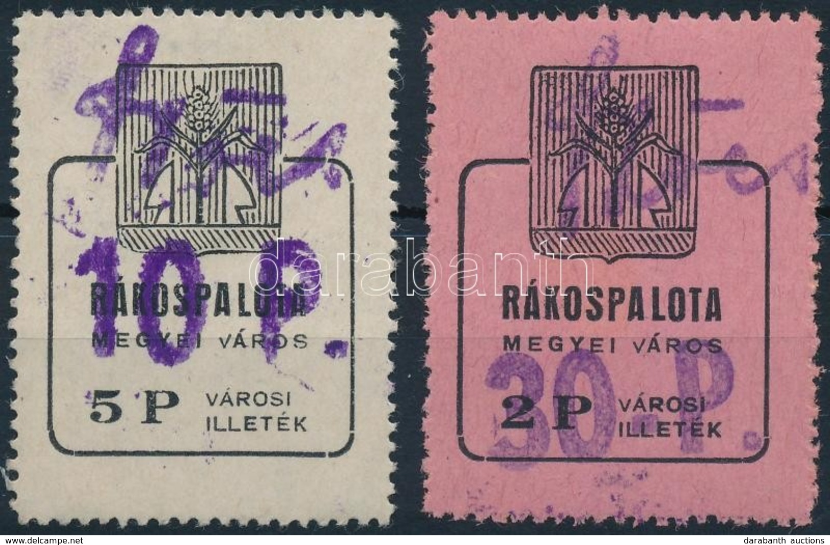 1945 Rákospalota Városi Illetékbélyeg 10P/5P + 30P/2P Sz?cs Névbélyegzéssel, A VÁROS 'V' Bet?jének Bal Oldali Szára Felü - Ohne Zuordnung