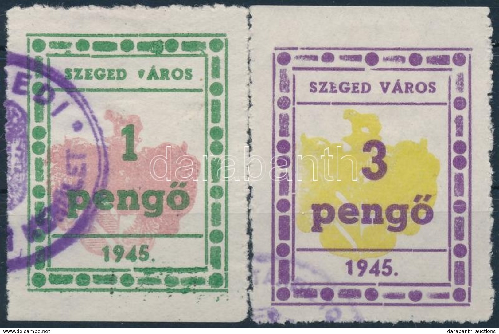 1945 Szeged Városi Illetékbélyeg 1P + 3P 1-1 Oldalon Fogazatlan, Az 1P 1'-es' értékszáma Talpas (13.650) - Unclassified