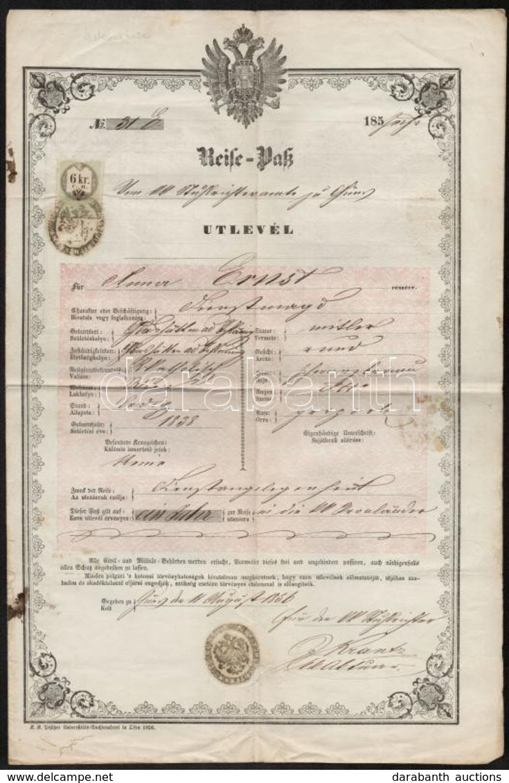 1855 Útlevél Szalónakhutai Lakos  Részére 6 Kr CM Okmánybélyeggel / Passport For Glasshütten Bei Schlaining In Burgenlan - Ohne Zuordnung