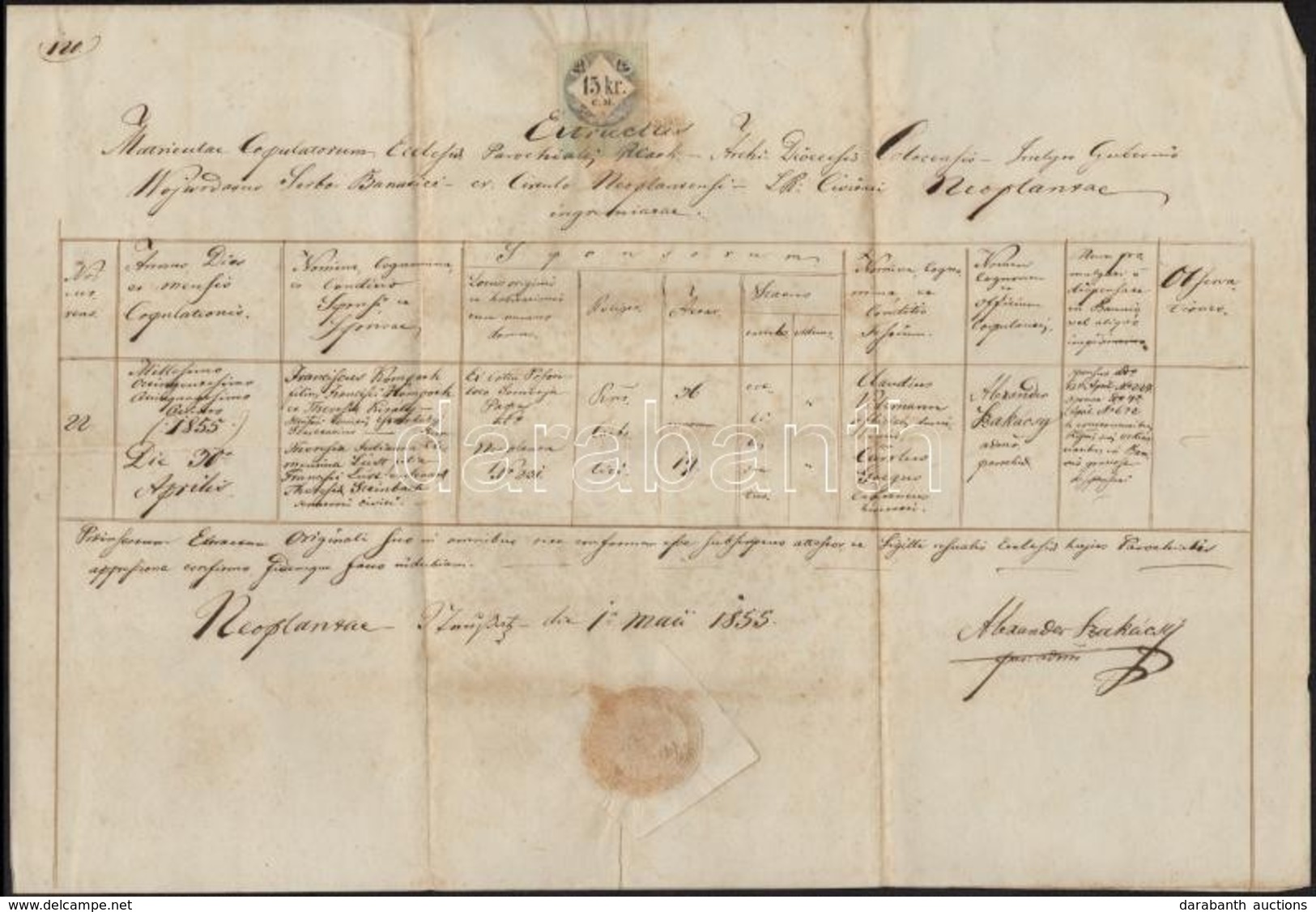 1855 Újvidék, Házassági Anyakönyvi Kivonat, Latin Nyelven, Okmánybélyeggel - Non Classificati