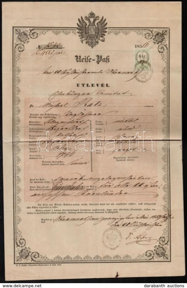 1856 Kétnyelv? útlevél 6kr CM Okmánybélyeggel / Passport With 6kr Document Stamp - Ohne Zuordnung