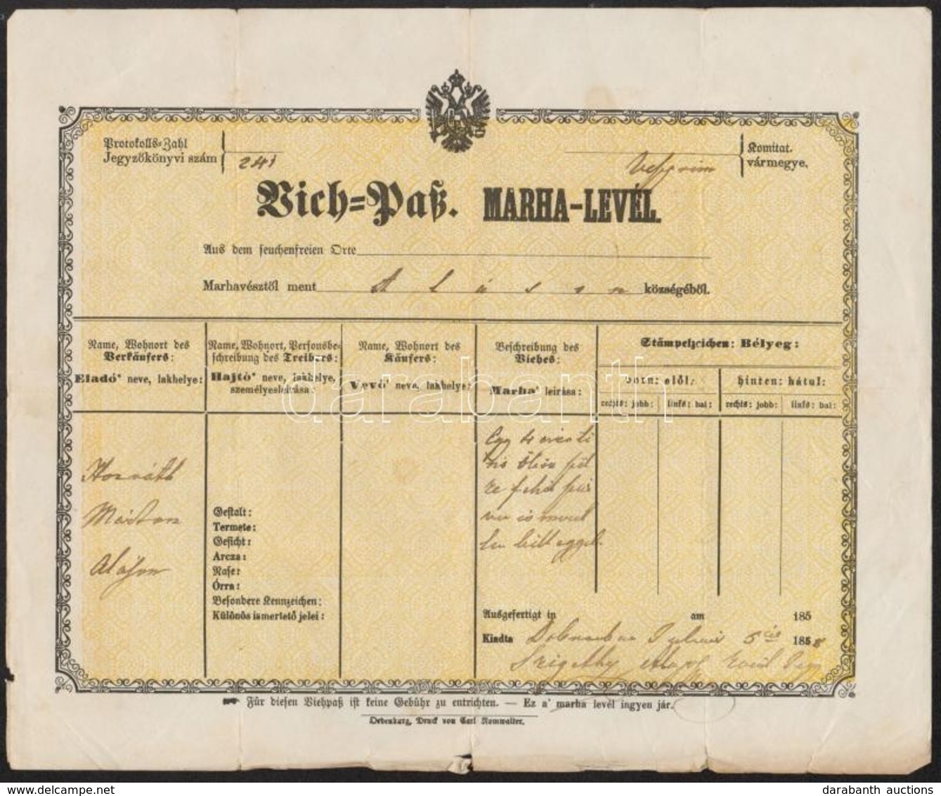1858 Alásin Magyar és Német Nyelv? Marhalevél - Ohne Zuordnung