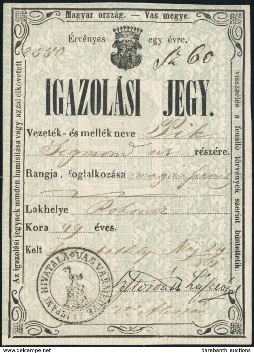 1861 Igazolási Jegy Rohonci Lakos Részére / German-Hungarian ID For Reichnitz Trader - Ohne Zuordnung