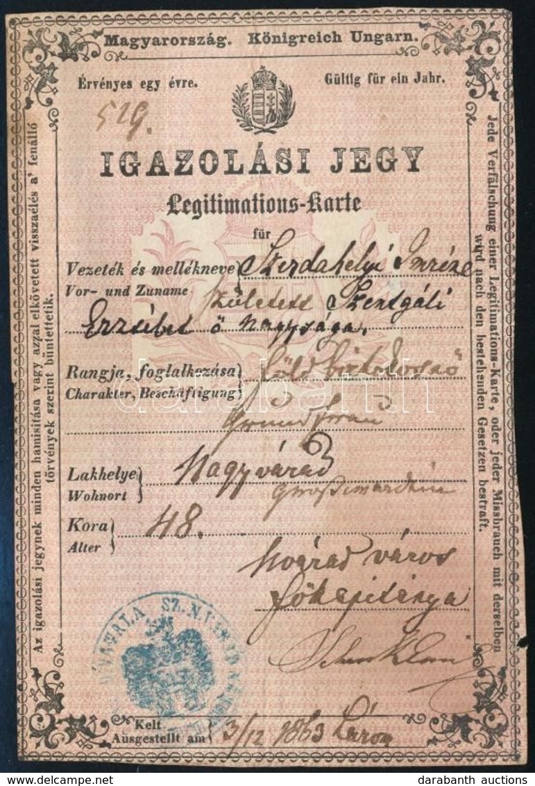 1869 Igazolási Jegy Nagyváradi Polgárasszony Részére 1 Fl Okmánybélyeggel - Ohne Zuordnung