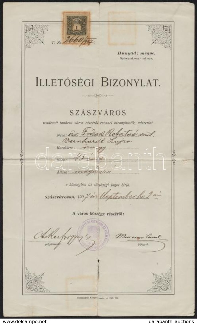1907 Szászváros, Illet?ségi Bizonyítvány Okmánybélyeggel - Ohne Zuordnung