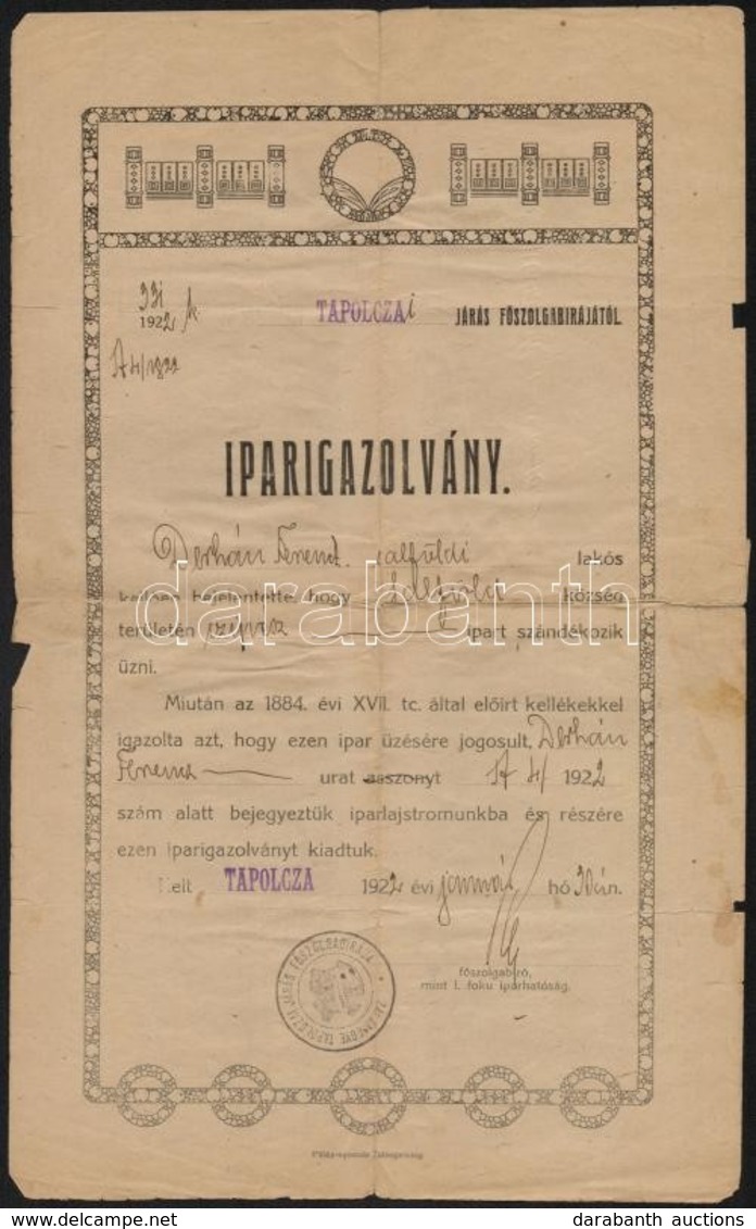 1922 Tapolca, A Tapolcai Járás F?szolgabírája által Kiállított Iparigazolvány - Ohne Zuordnung