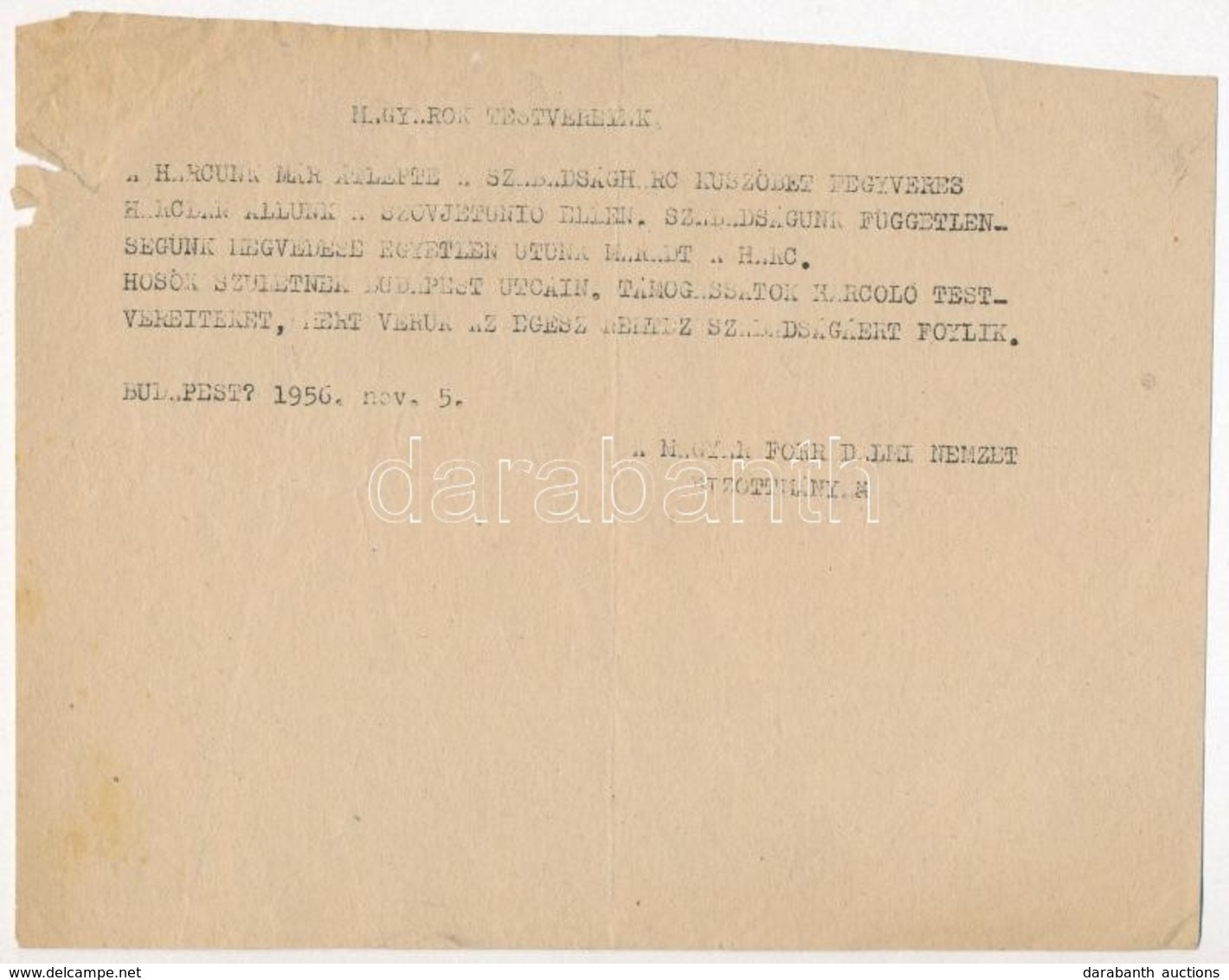 1956 Bp., A Magyar Forradalmi Nemzeti Bizottmánya által Kiadott Gépelt Röplap - Ohne Zuordnung