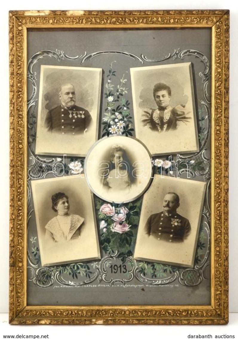 1913 Osztrák Családi Fotó, Kézzel Festett Háttérrel, üvegezett Keretben, 52×32 Cm - Other & Unclassified