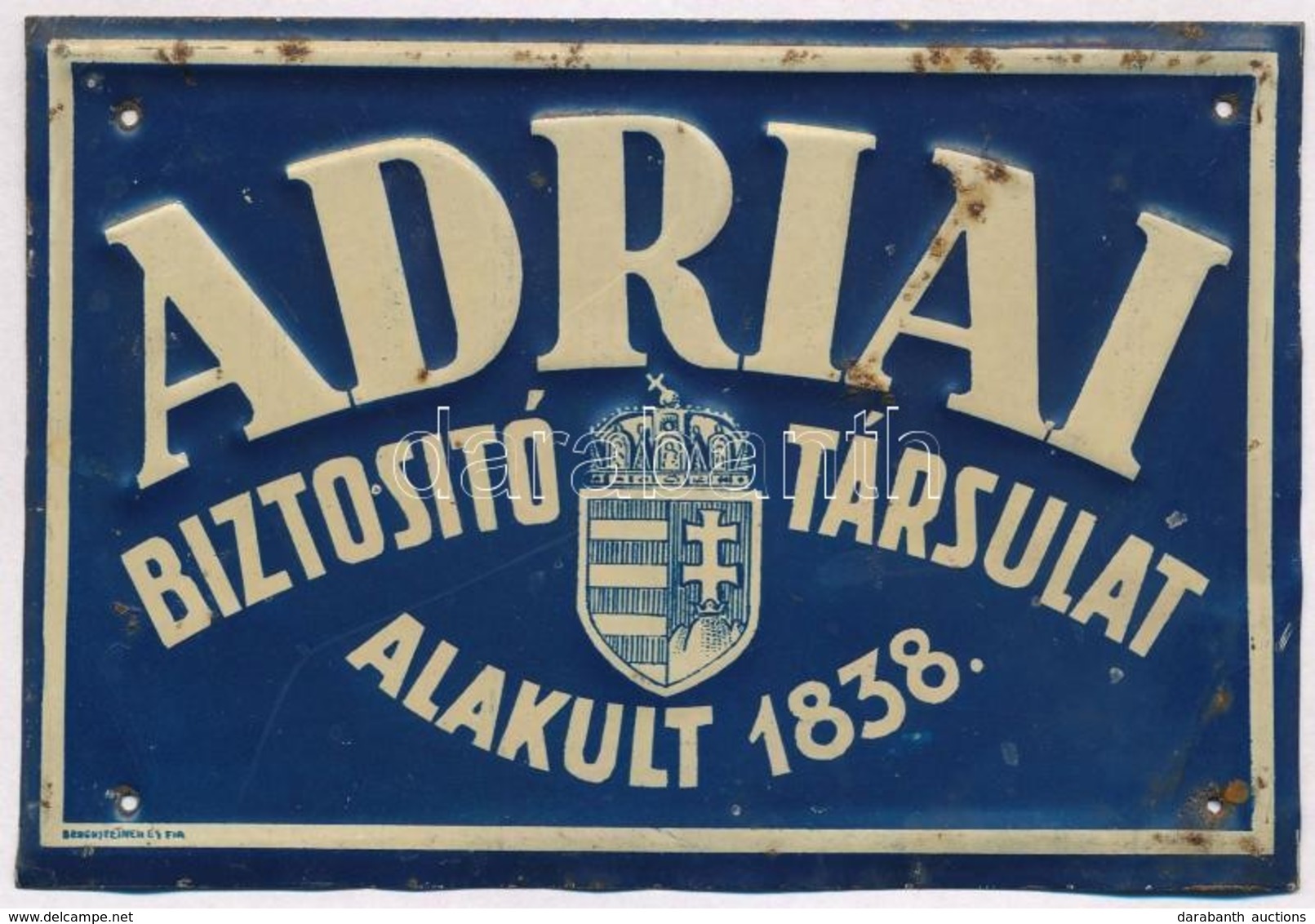 Cca 1925 Az Adriai Biztosító Társulat Magyar Címerrel Ellátott Fém Reklámtáblája, 10×15 Cm - Pubblicitari