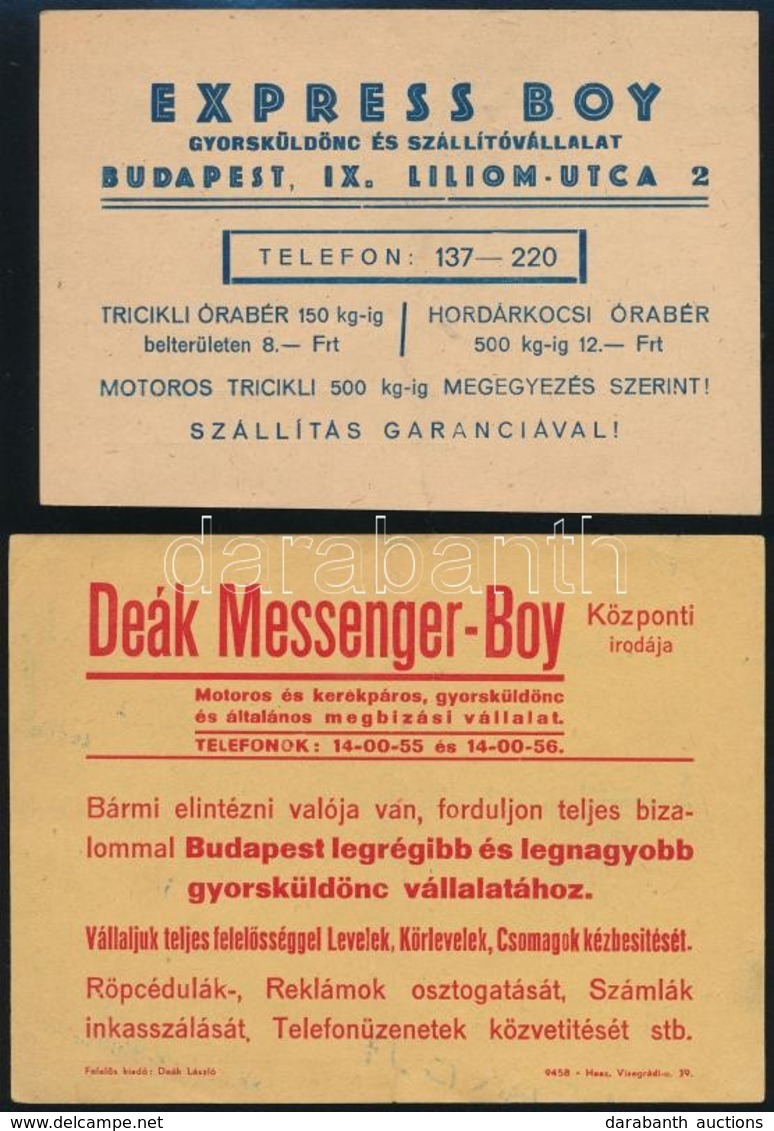 Cca 1930-1940 Futár-Boy, Express Boy, Deák Messenger-Boy Futárszolgálatok Reklámlapjai - Publicités