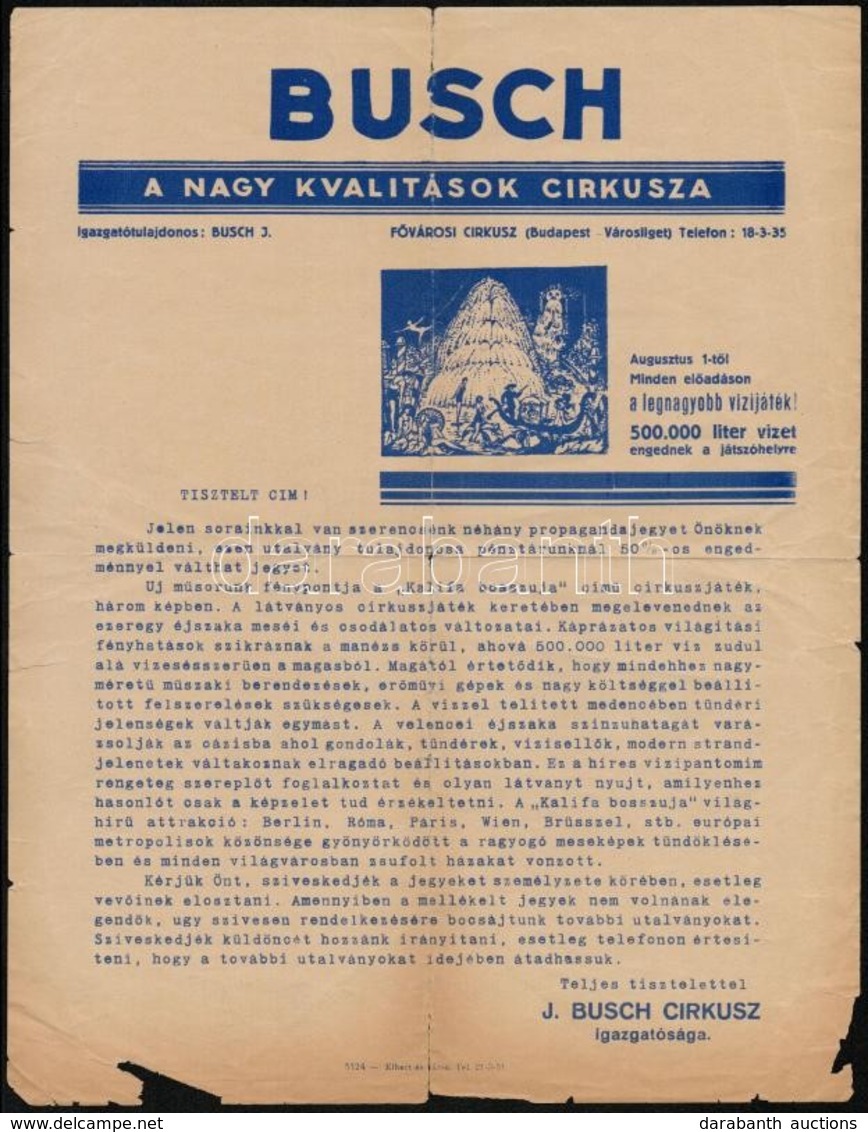 Cca 1935 Busch Cirkusz Reklám Nyomtatványa 50%-os Propaganda Jegyr?l, Széleinél Szakadt, 29x23 Cm - Werbung