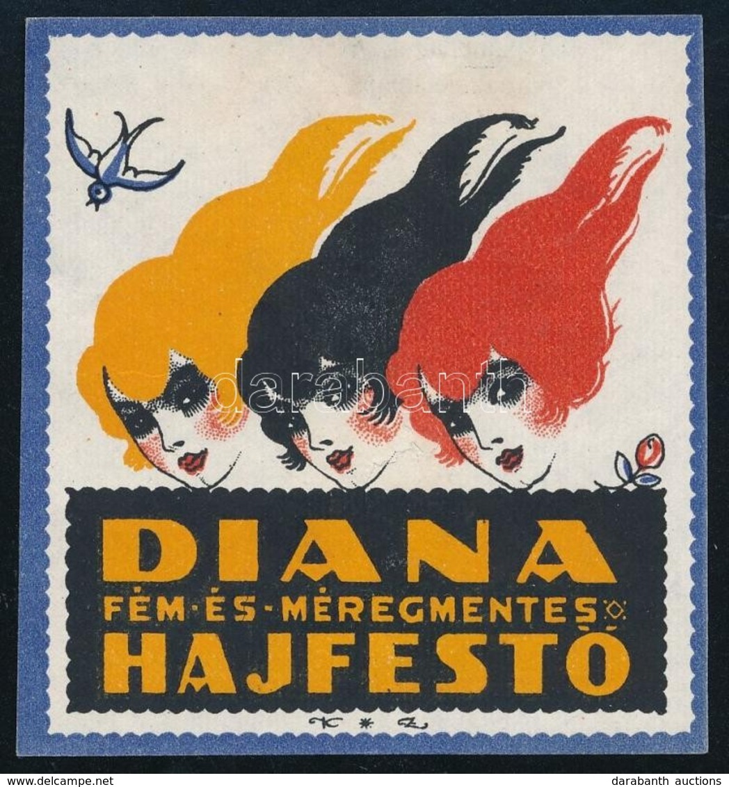 Kónya Zoltán (1891-?): A Diana Fém- és Méregmentes Hajfest? Címke, 8×7 Cm - Werbung