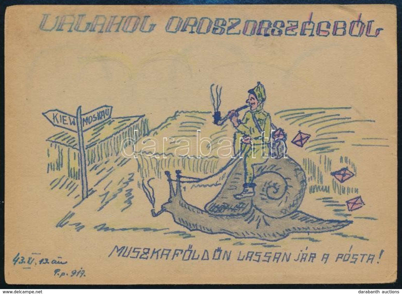 1943 Egyedi Rajzos Tábori Posta Levelez?lap Az Orosz Frontról - Sonstige & Ohne Zuordnung