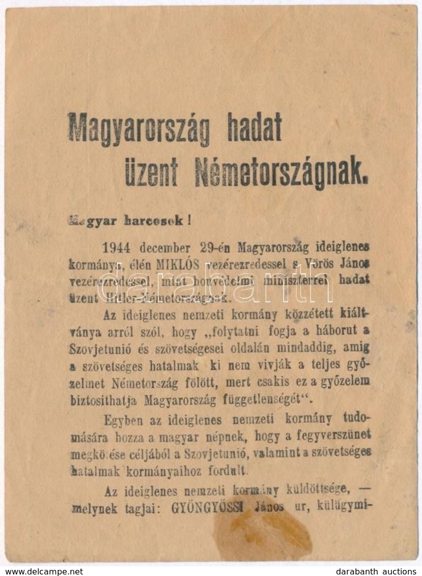 1944 Magyarország Hadat üzen Németországnak, Szovjet Röplap A Magyar Katonák átállásra Buzdítására - Sonstige & Ohne Zuordnung
