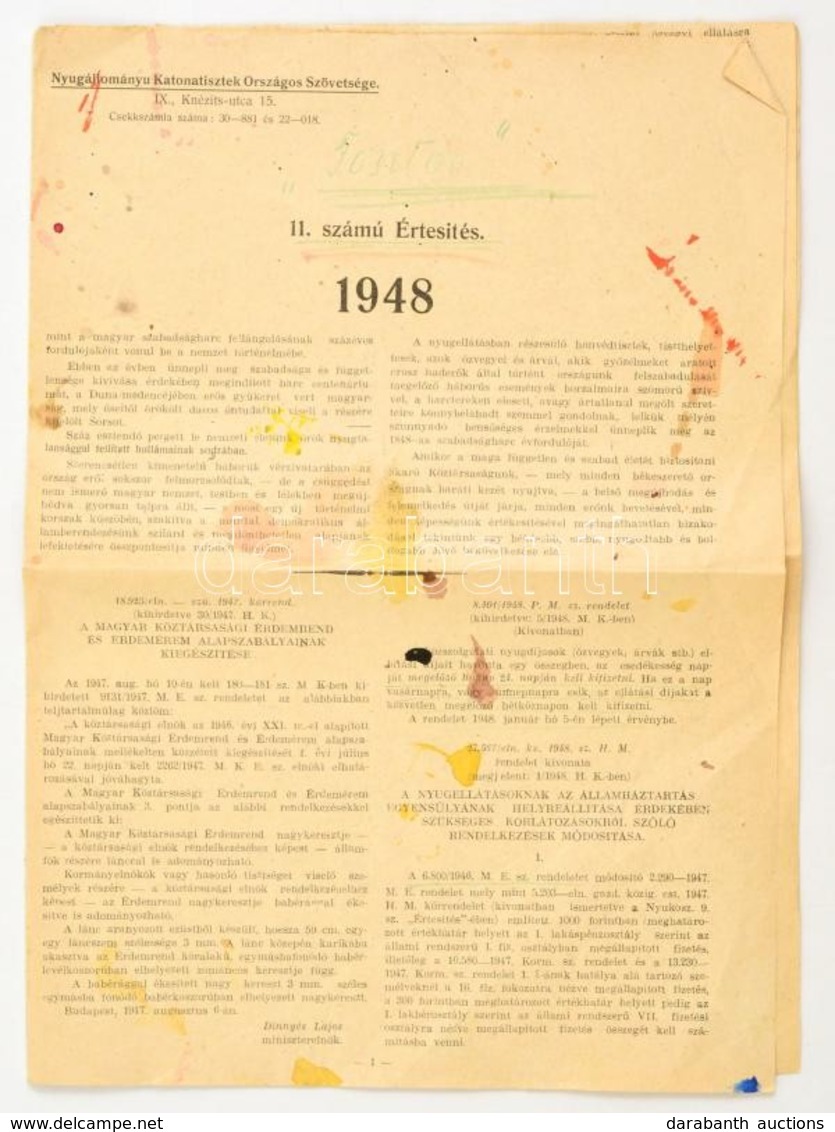 1948 Nyugállományú Katonatisztek Országos Szövetségének 11. Számú értesítése, 1848-as évfordulóra Vonatkozó Információkk - Sonstige & Ohne Zuordnung