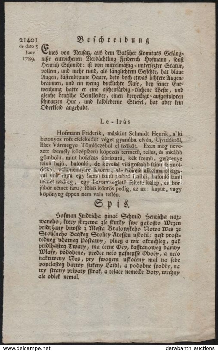 1789 Újvidéki Tömlöcb?l Szökött Rab Háromnyelv? Körözvénye. - Ohne Zuordnung