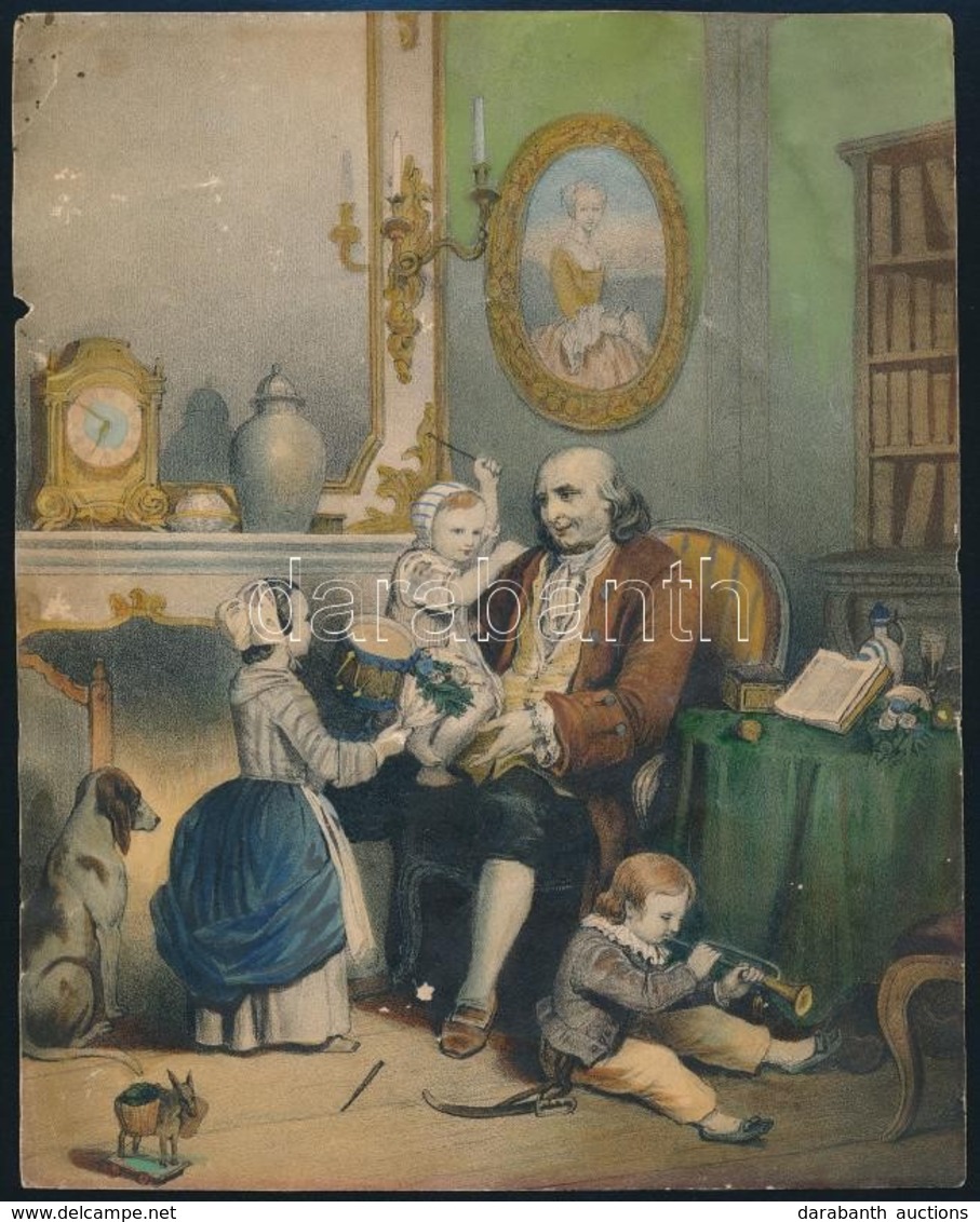 Cca 1800-1900 Nagypapa Születésnapja, Színes Litho, 22×18 Cm - Ohne Zuordnung