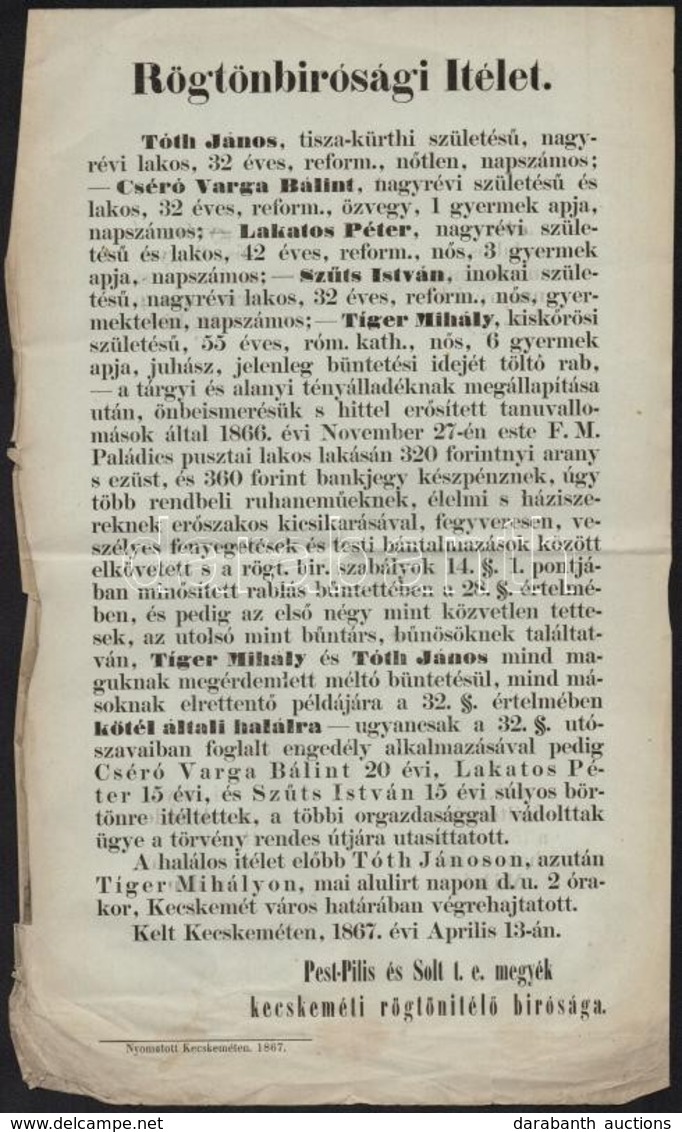 1867 Halálos Rögtön Bírósági ítélet Hirdetménye - Ohne Zuordnung