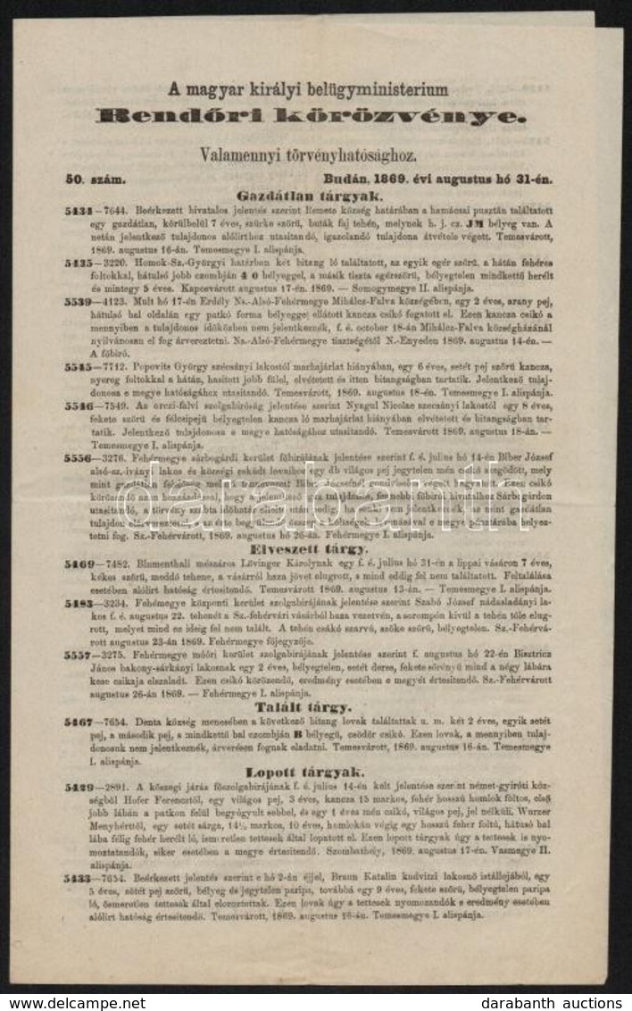 1869 A M. Kir. Belügyminisztérium Körözvénye Mindennem? Dolgokról, Rablók, Gyilkosok, Megtalált 'hüle' 4p. - Ohne Zuordnung