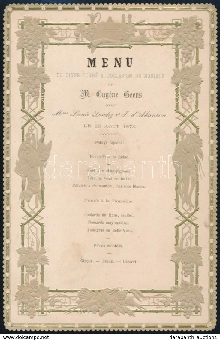 1874 Dombornyomott Litho Men?kártya Vadak és Gyümölcsök Képével / Litho Menu Card 14x22 Cm - Ohne Zuordnung