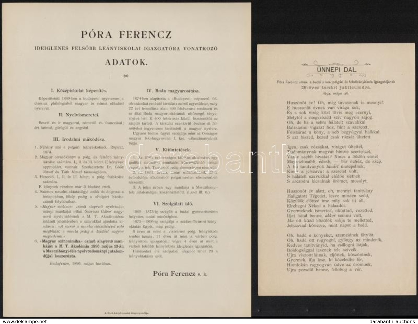 1894, 1896 Póra Ferenc Ideiglenes Fels?bb Leányiskolai Igazgatóra Vonatkozó Adatok + ünnepi Dal 25 éves Jubileumára - Ohne Zuordnung