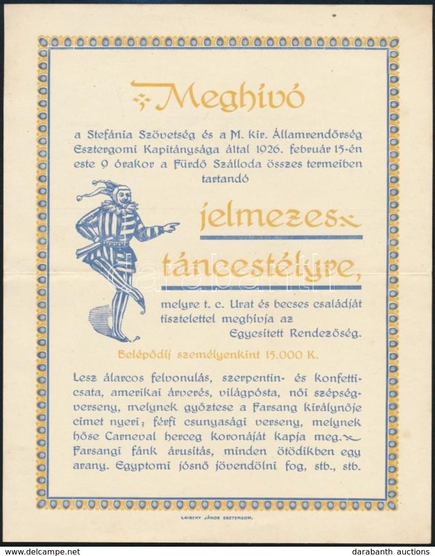 1926 Meghívó A Stefánia Szövetség és A M. Kir. Államrend?rség Esztergomi Kapitánysága által Rendezett Jelmezes Táncestél - Ohne Zuordnung