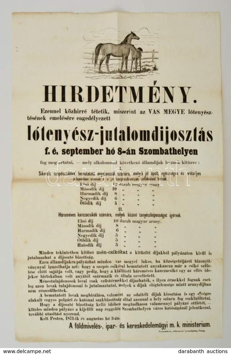 1871 Lótenyész Jutalomdíjosztás, Szombathely Hirdetmény 32x48 Cm - Autres & Non Classés