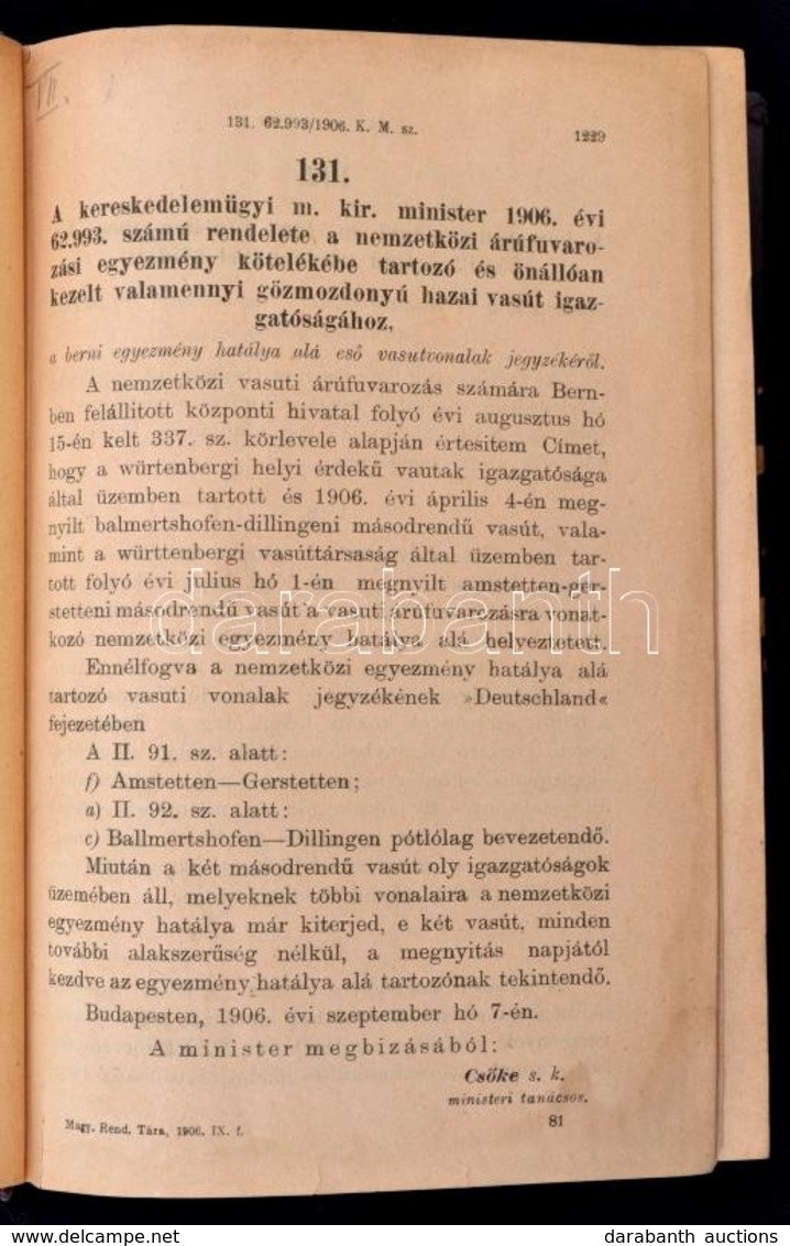 Magyarországi Rendeletek Tára. Negyvenedik Folyam. 1906. II. Kötet. Bp.,1907, Pesti Könyvnyomda Rt., 1229-2603 P. Korabe - Ohne Zuordnung
